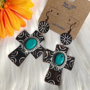 Long Boho Earrings Etched Cross Turquoise Dangles